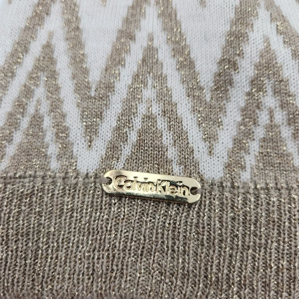 Calvin Klein Hat Cap Womens Medium Tan White Metallic Zigzag Knit Beanie Soft CK